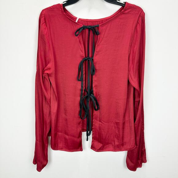 Free People Arabella Blouse Rubies Red Satin Long Sleeve Bow Back Medium NWT - Picture 3 of 10